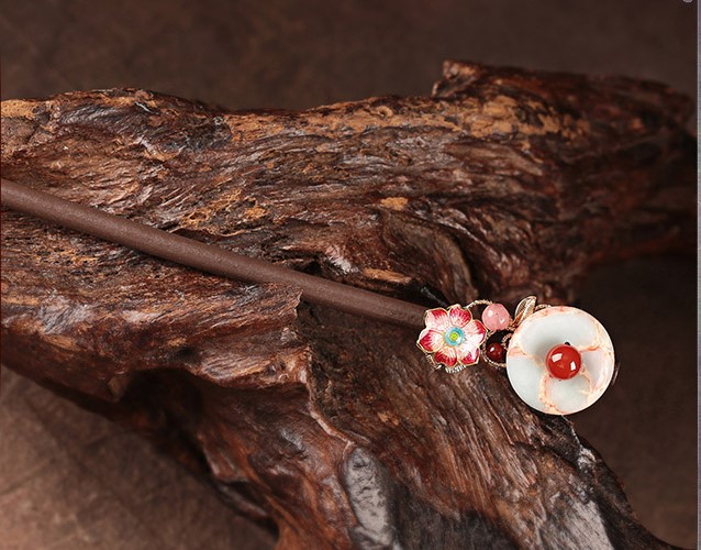醉花月平安扣木簪子，粉色花朵發(fā)簪頭飾
