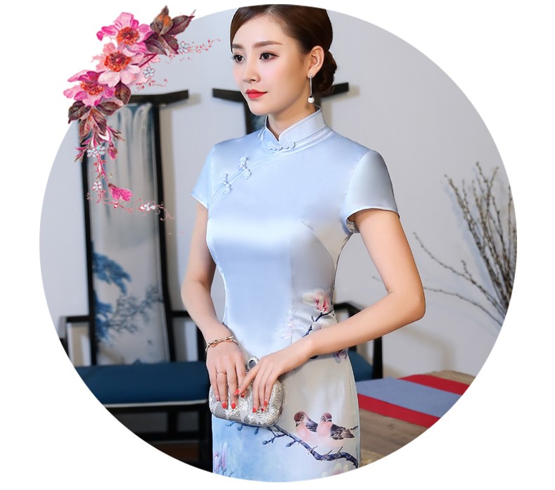 優(yōu)雅蘭花藍色旗袍，淡雅清新旗袍裙