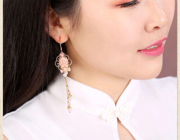 古風唯美花朵耳墜耳環(huán)，氣質(zhì)超仙少女粉耳環(huán)