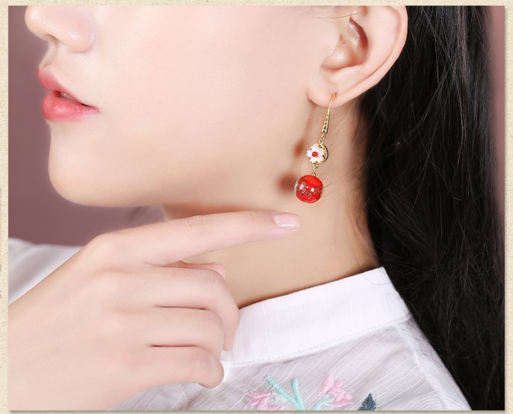 復(fù)古琉璃吊墜耳環(huán)，古風(fēng)花朵紅色首飾