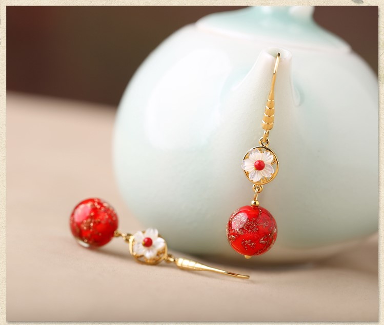復(fù)古琉璃吊墜耳環(huán)，古風(fēng)花朵紅色首飾