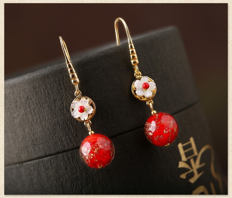 復(fù)古琉璃吊墜耳環(huán)，古風(fēng)花朵紅色首飾