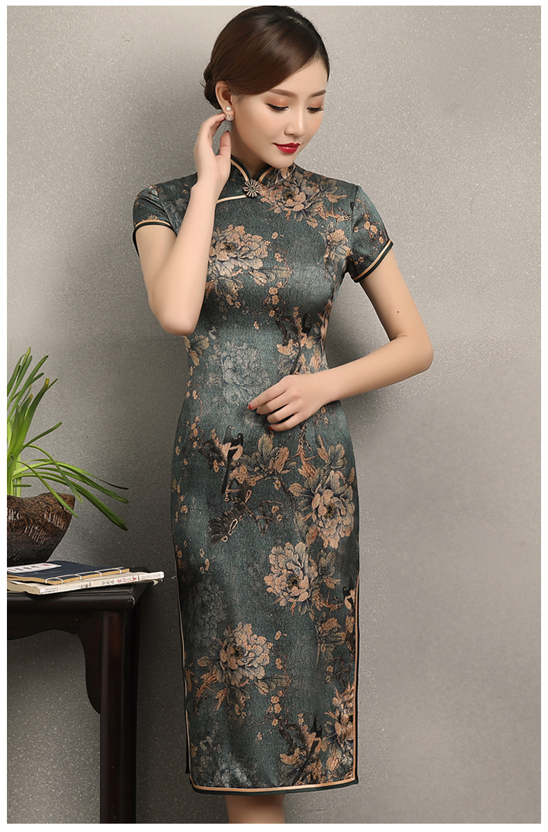 中國(guó)風(fēng)花牡丹旗袍，復(fù)古典雅修身旗袍裙