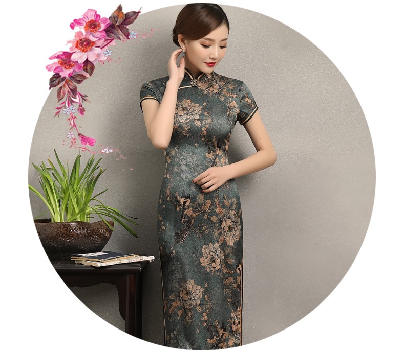 中國(guó)風(fēng)花牡丹旗袍，復(fù)古典雅修身旗袍裙