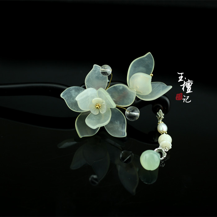 古風(fēng)玉蘭花黑檀木簪子，手工玉簪花頭飾