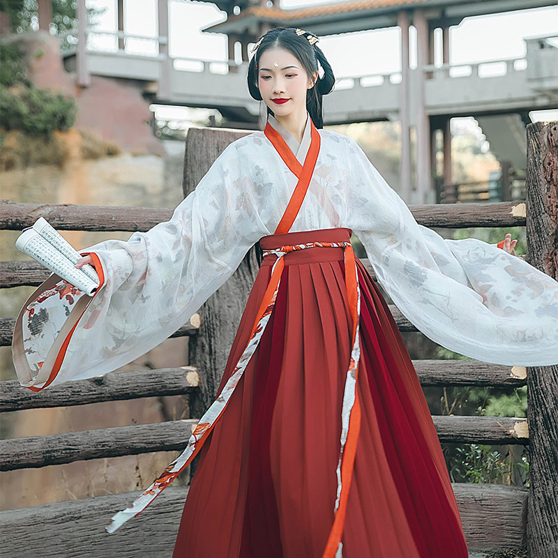 魏晉風(fēng)大袖交領(lǐng)襦裙?jié)h服，松葉水墨印花漢服
