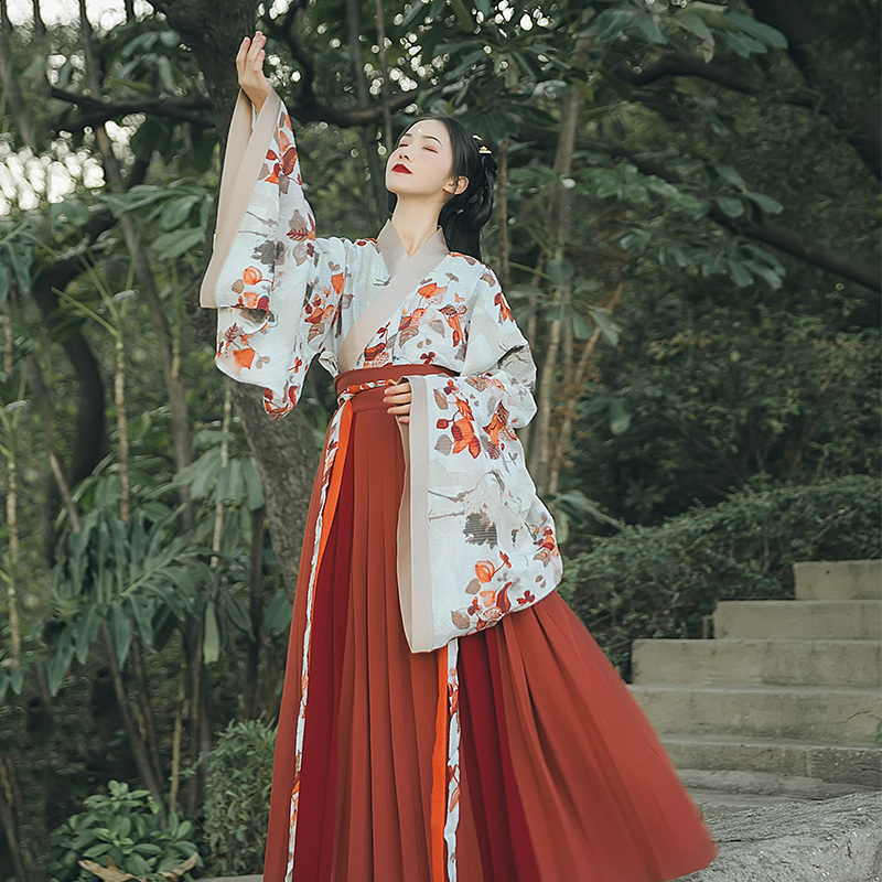 魏晉風(fēng)大袖交領(lǐng)襦裙?jié)h服，松葉水墨印花漢服