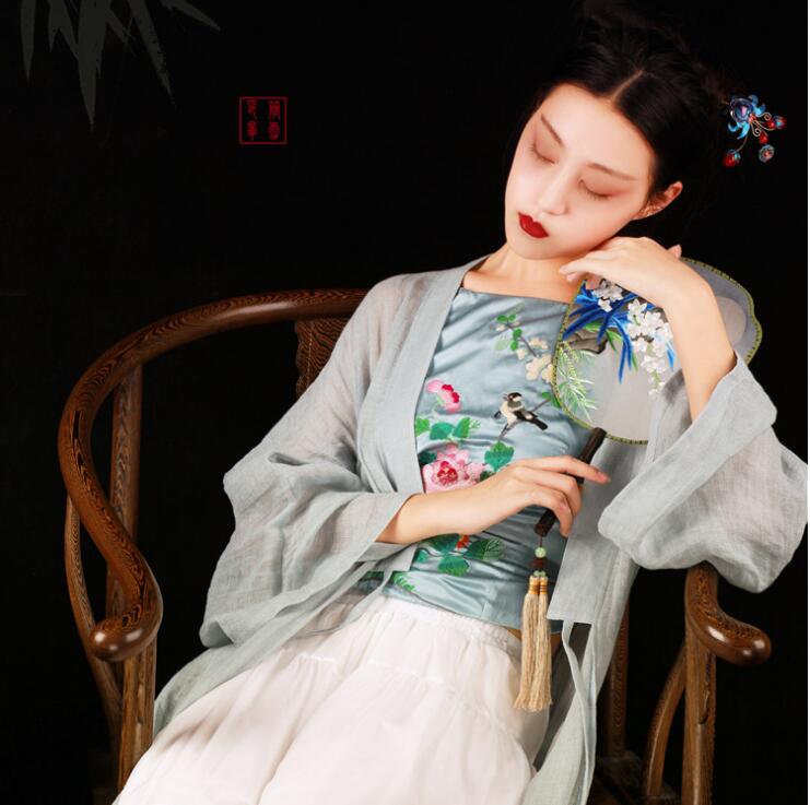 簡(jiǎn)潔中式麻紗漢服，開衫披風(fēng)褙子漢服圖片