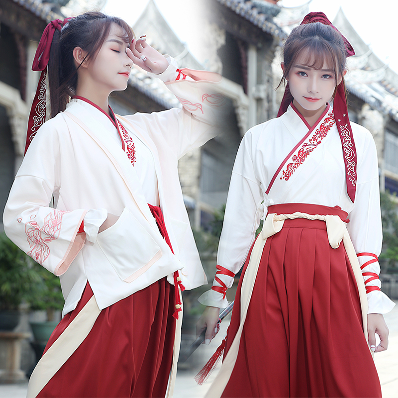 紅白交配繡花漢服，改良漢服斜交齊腰襦裙