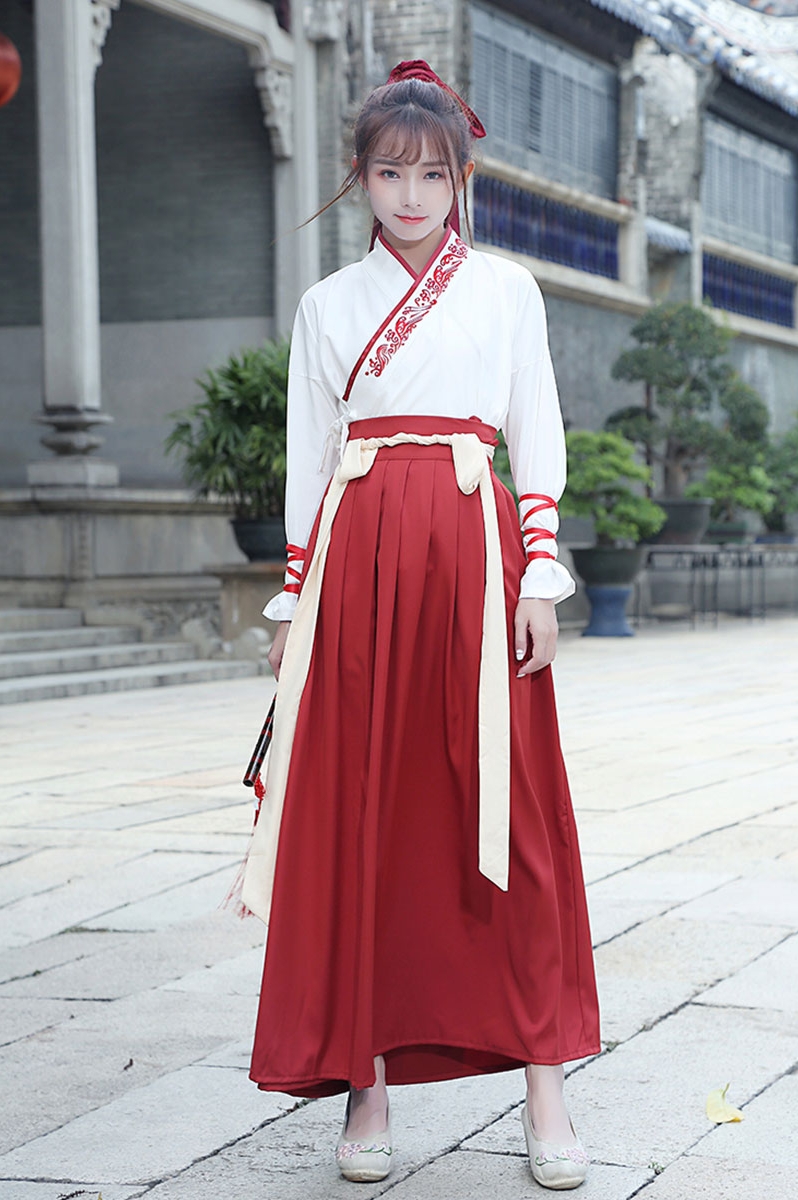 紅白交配繡花漢服，改良漢服斜交齊腰襦裙