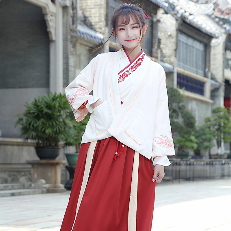 紅白交配繡花漢服，改良漢服斜交齊腰襦裙