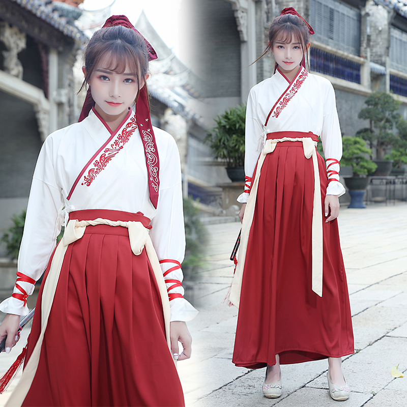 紅白交配繡花漢服，改良漢服斜交齊腰襦裙