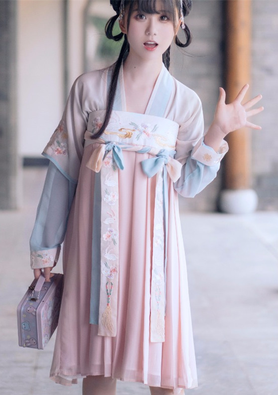 漢元素繡花仙女裙，改良漢服對襟齊胸襦裙