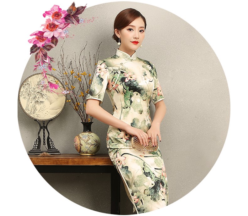 青荷古風(fēng)韻味旗袍，淡雅短袖印花旗袍裙