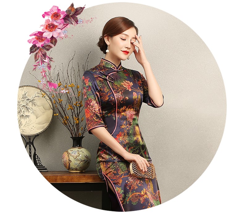 百花齊放優(yōu)雅旗袍，深紫色印花旗袍裙