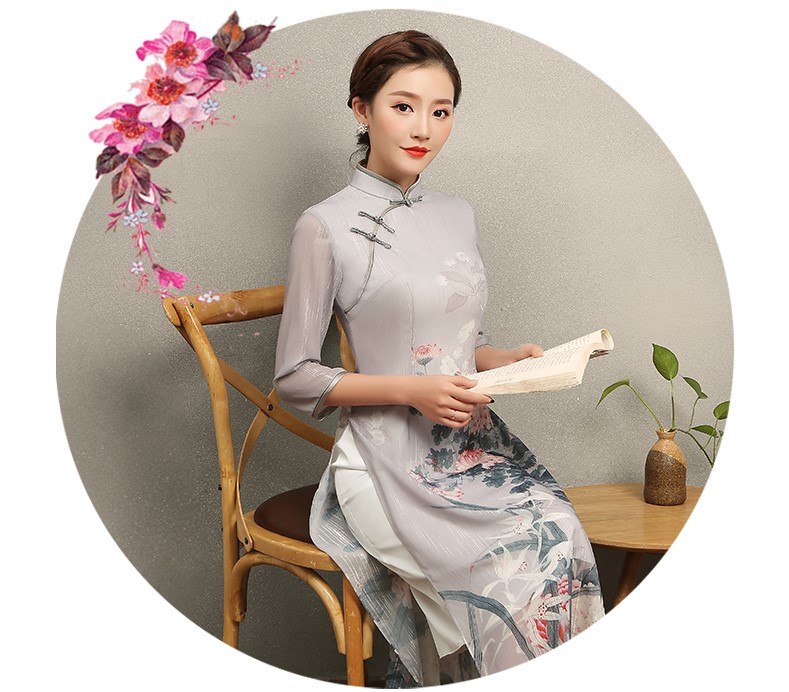 淡灰色花閣旗袍，奧黛風(fēng)中式旗袍裙