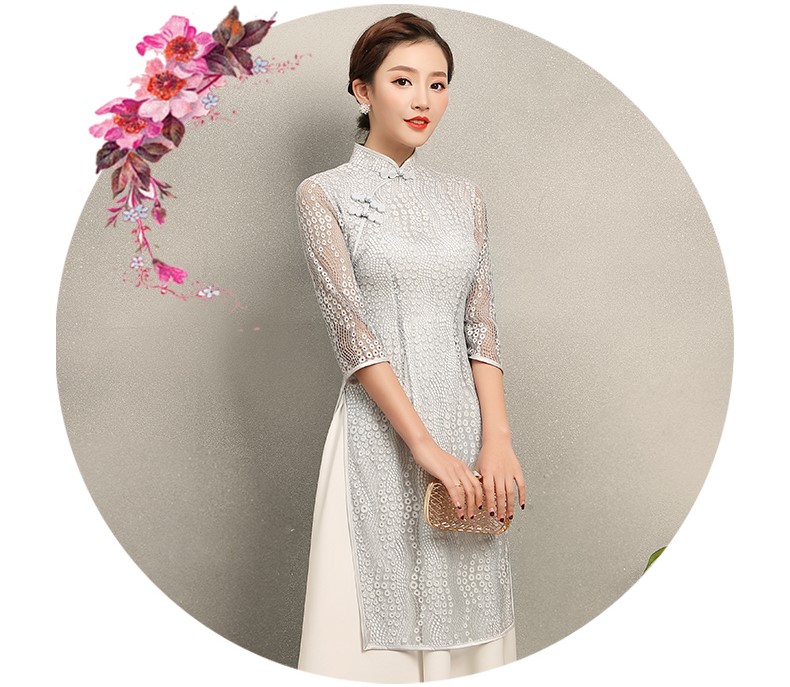 淺灰奧黛風(fēng)旗袍，蕾絲中式旗袍裙
