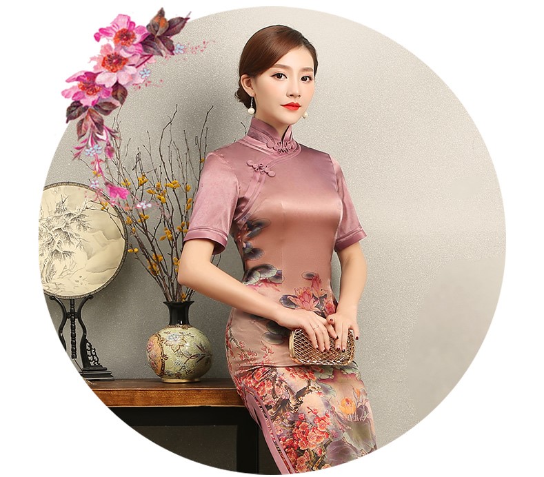 紅蓮花短袖旗袍，優(yōu)雅復(fù)古風(fēng)旗袍裙