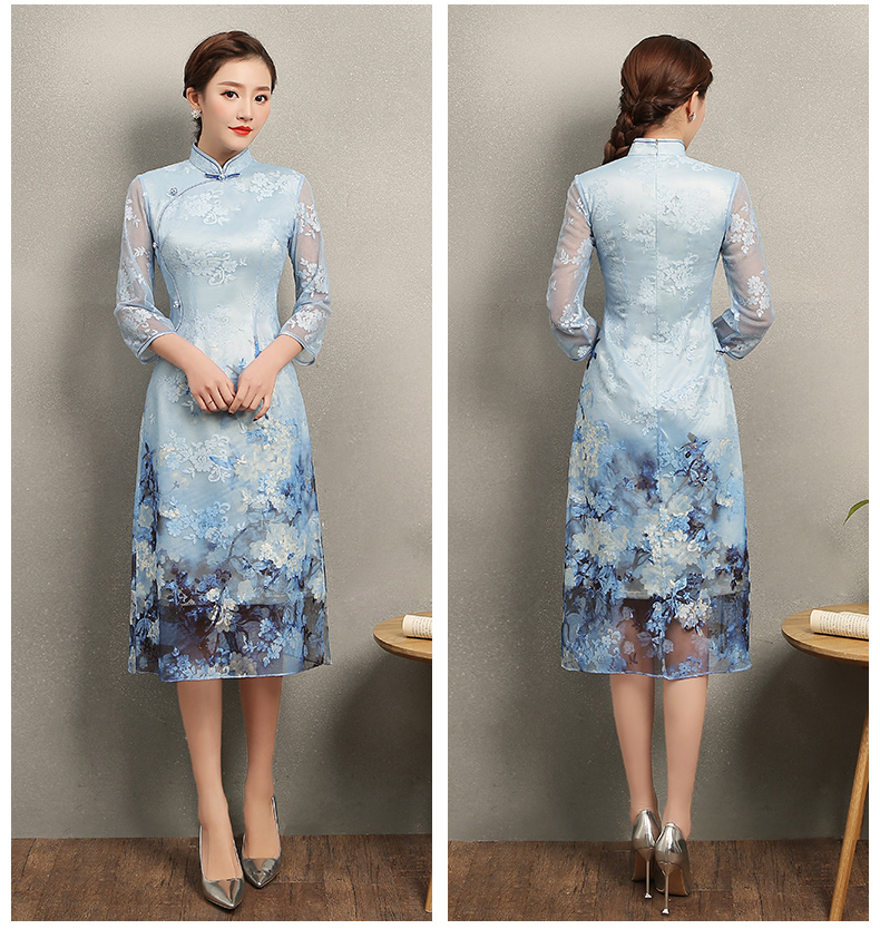清雅藍(lán)蝶蕾絲旗袍，中袖唯美旗袍裙