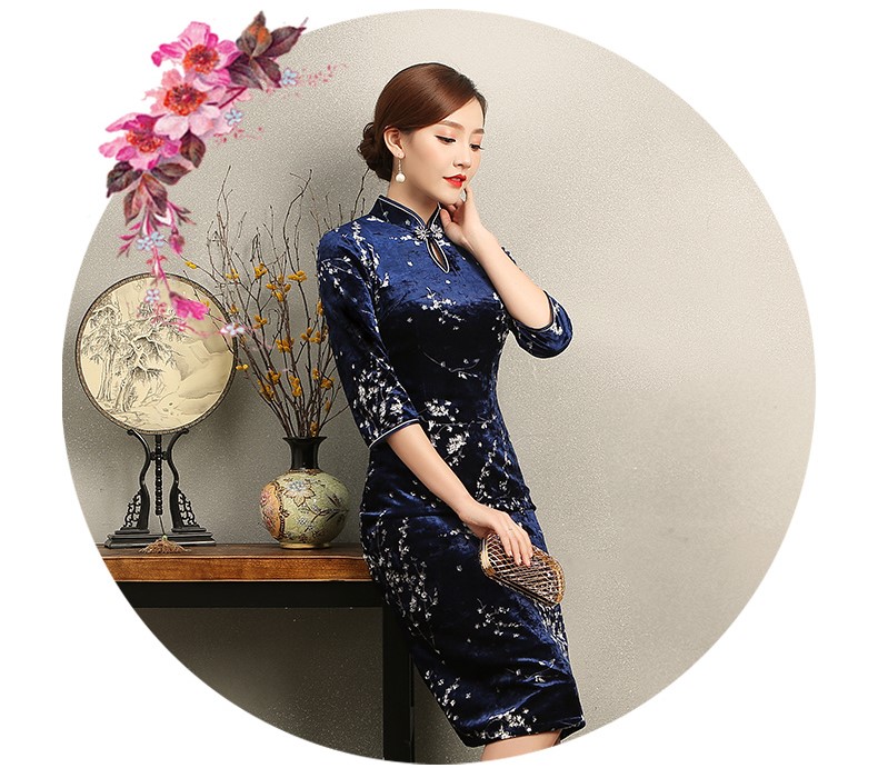 優(yōu)雅時(shí)尚梅蘭旗袍，復(fù)古絲絨印花旗袍裙