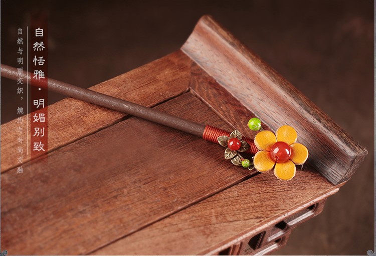 亮黃色花朵發(fā)簪，古風(fēng)古風(fēng)盤(pán)發(fā)木簪子頭飾