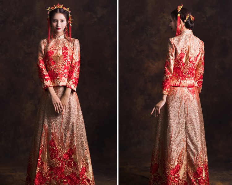 古典新娘結(jié)婚禮服，喜悅花朵中式禮服