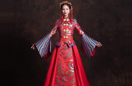 創(chuàng)意袖口新娘結(jié)婚禮服，奢華拖尾中式禮服