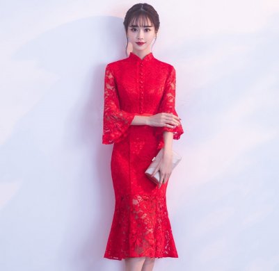 紅色性感蕾絲中式禮服，中式復(fù)古晚禮服