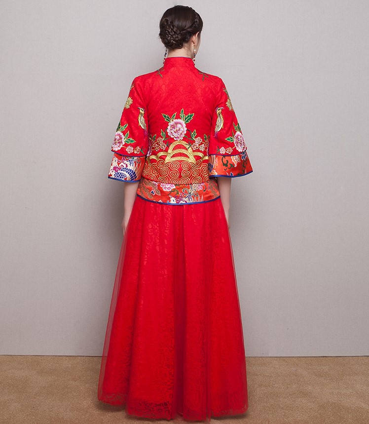 牡丹花刺繡新娘禮服，精致唯美中式禮服