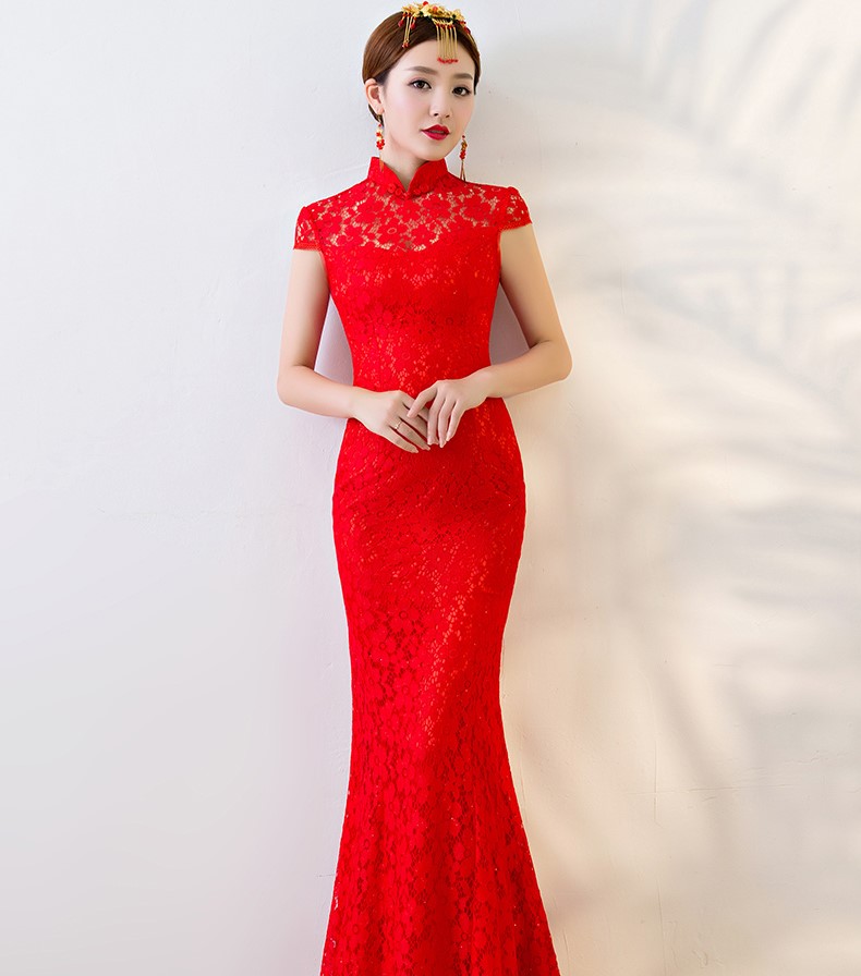 性感蕾絲魚尾中式禮服，華麗復(fù)古晚禮服