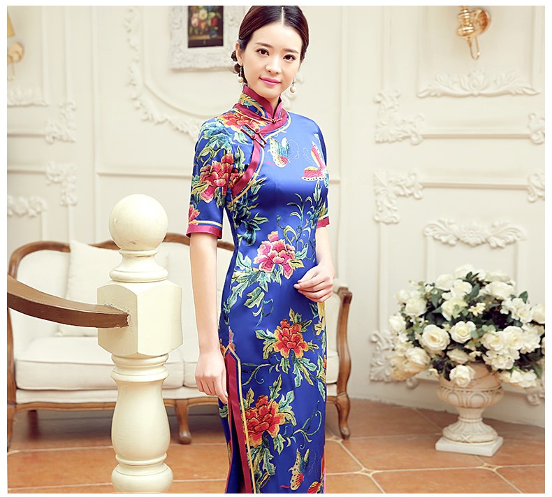 復(fù)古蝶花舞短袖旗袍，蠶絲時尚旗袍裙