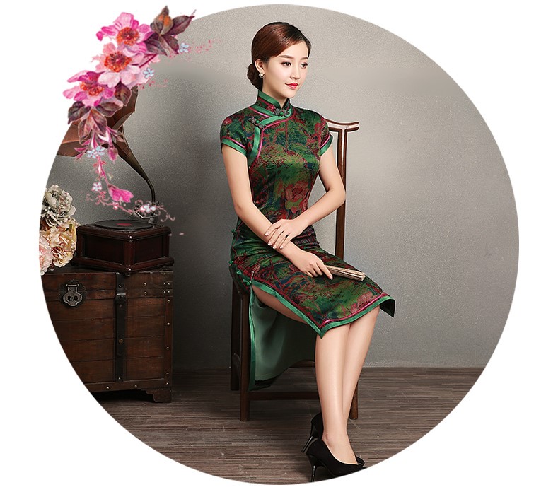 復(fù)古墨綠抽象色彩短袖旗袍，蠶絲時(shí)尚旗袍裙