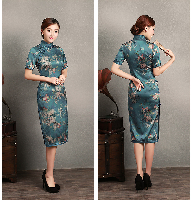 藍(lán)綠色玉梅短袖旗袍，蠶絲時(shí)尚旗袍裙