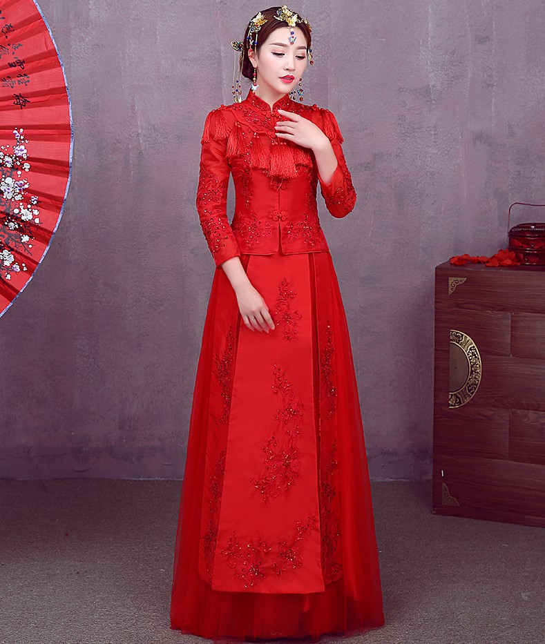 簡約紅色中式禮服，流蘇中國風(fēng)新娘結(jié)婚禮服