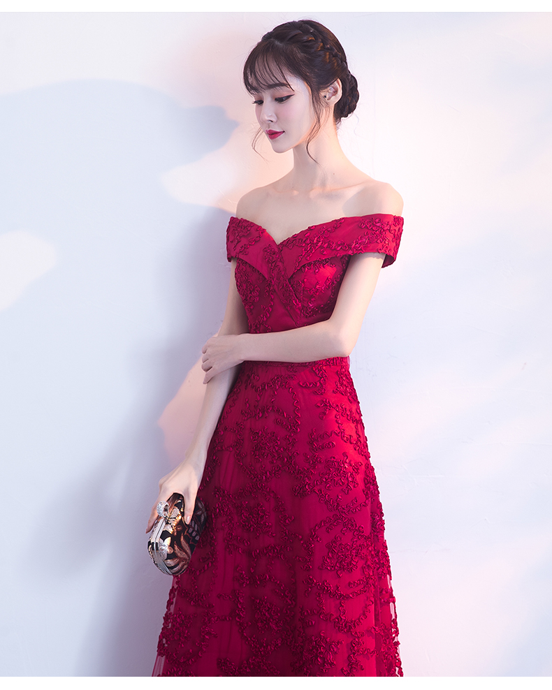 一字肩中式禮服，甜美蕾絲花晚禮服