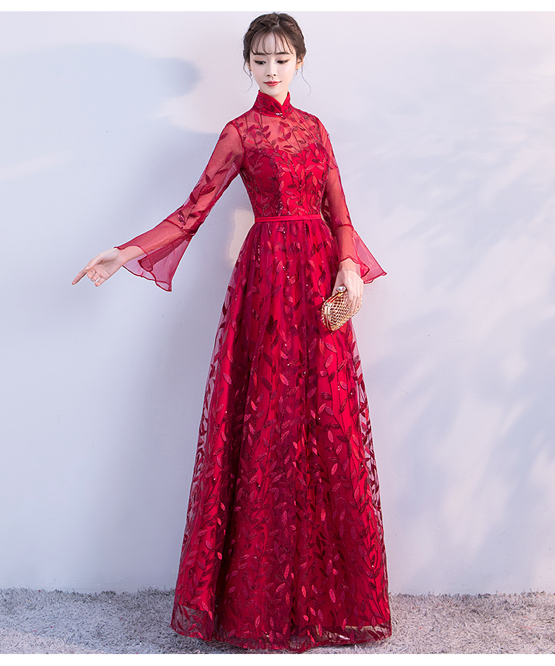 新穎喇叭袖中式禮服，性感鏤空繡花晚禮服
