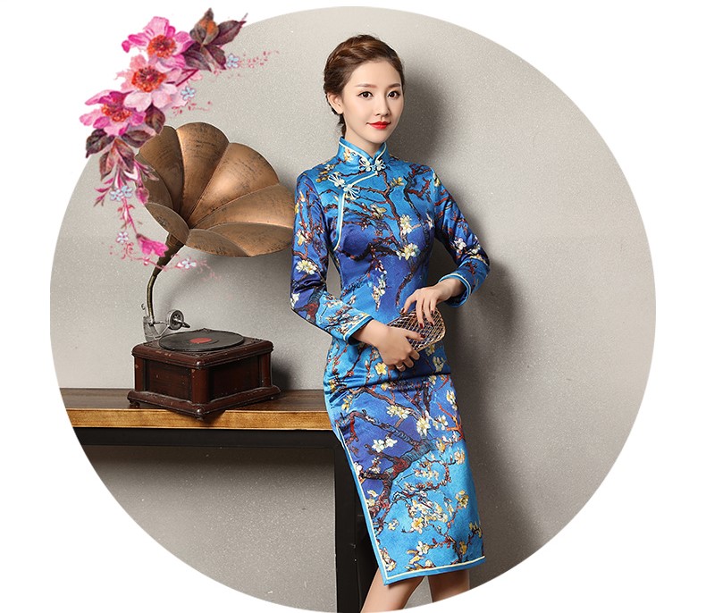 玉蘭枝藍(lán)色旗袍，長(zhǎng)袖蠶絲加厚旗袍裙