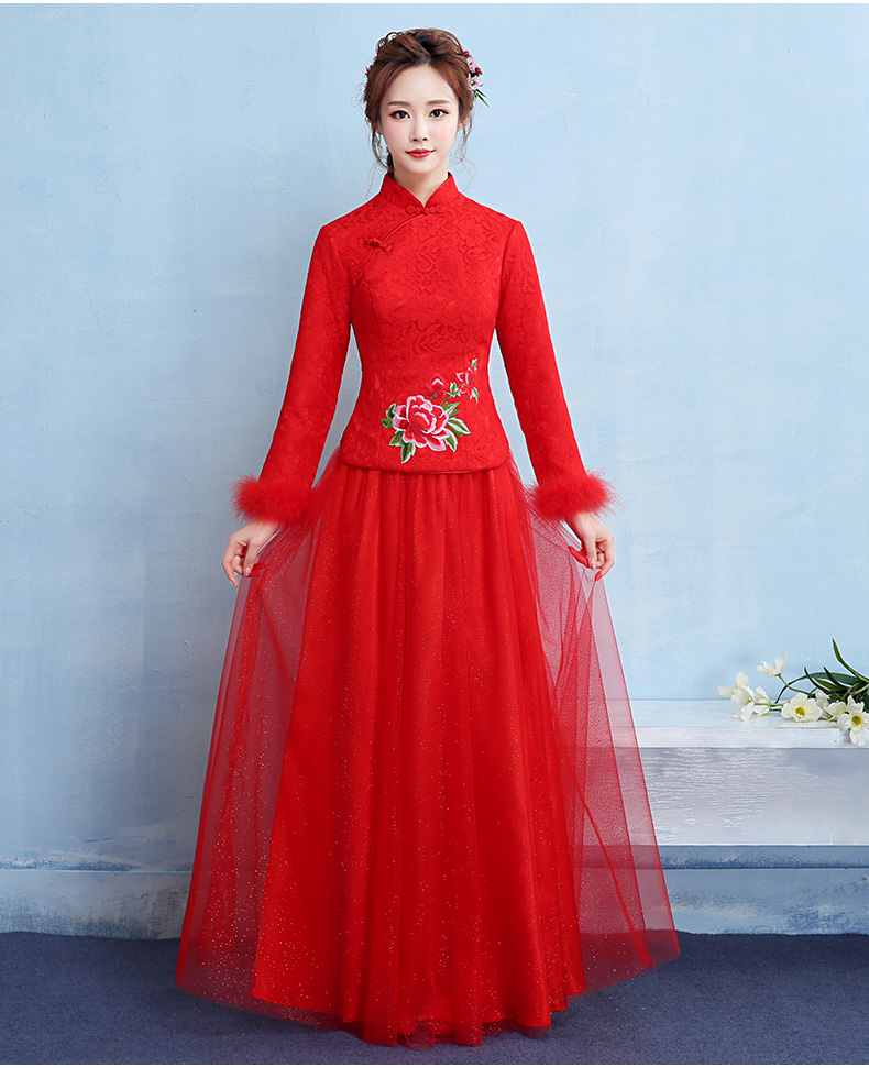 牡丹繡花中式禮服，中國風(fēng)保暖晚禮服