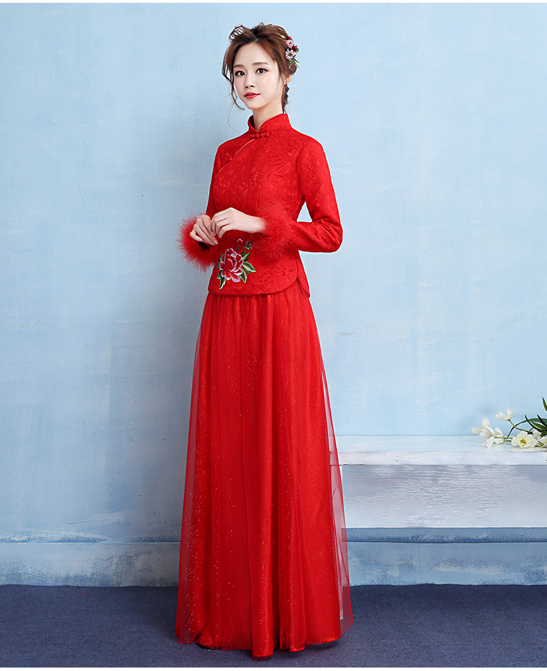 牡丹繡花中式禮服，中國風(fēng)保暖晚禮服