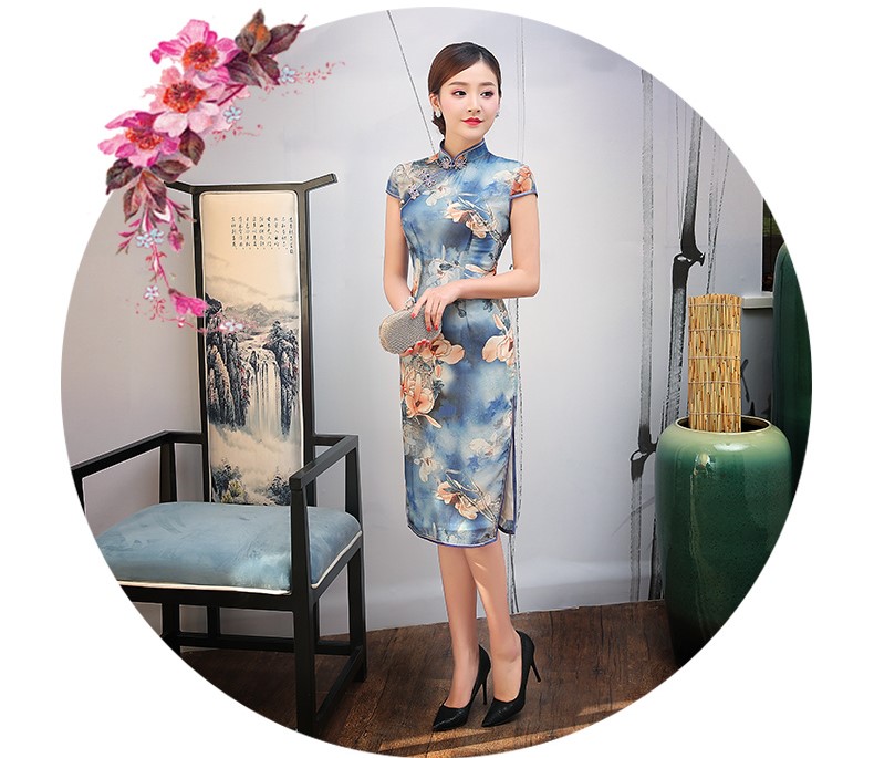 藍(lán)色幽藍(lán)印花旗袍，復(fù)古時(shí)尚旗袍裙