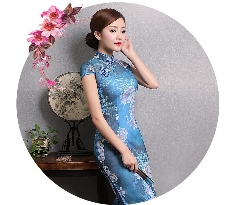 典雅藍(lán)色印花旗袍，時尚短袖旗袍裙