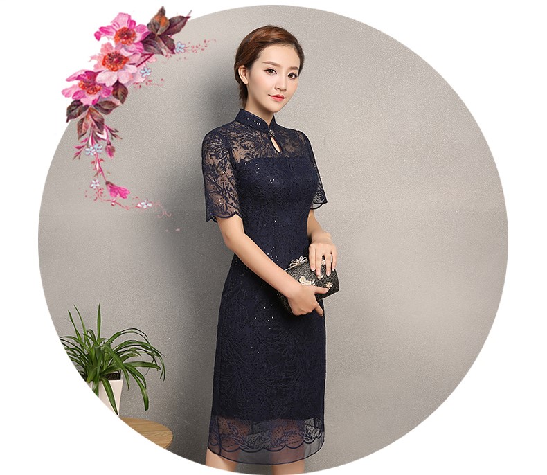 復(fù)古蕾絲繡花亮片旗袍，深藍(lán)色旗袍裙