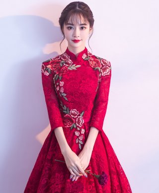 古典蕾絲中式禮服，優(yōu)雅花朵晚禮服