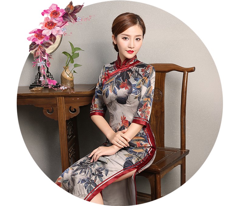 復(fù)古典雅旗袍，中袖浪漫印花旗袍裙