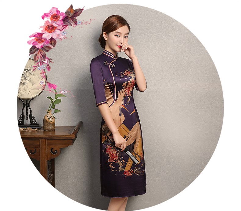 鶴舞紫色旗袍，中國風(fēng)復(fù)古旗袍裙