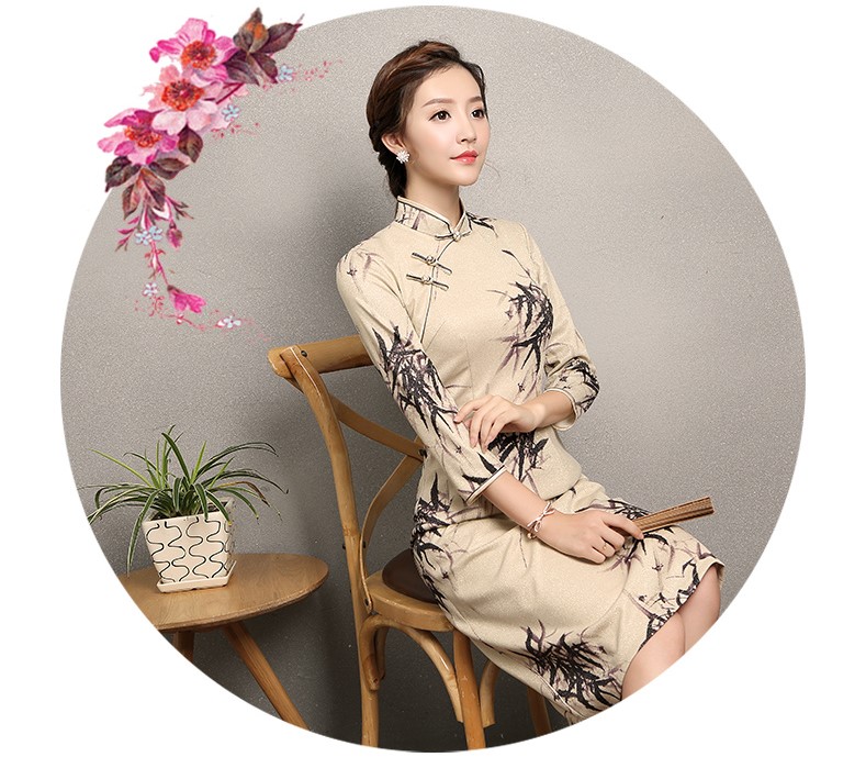 杏色墨竹旗袍，時(shí)尚中國(guó)風(fēng)旗袍裙