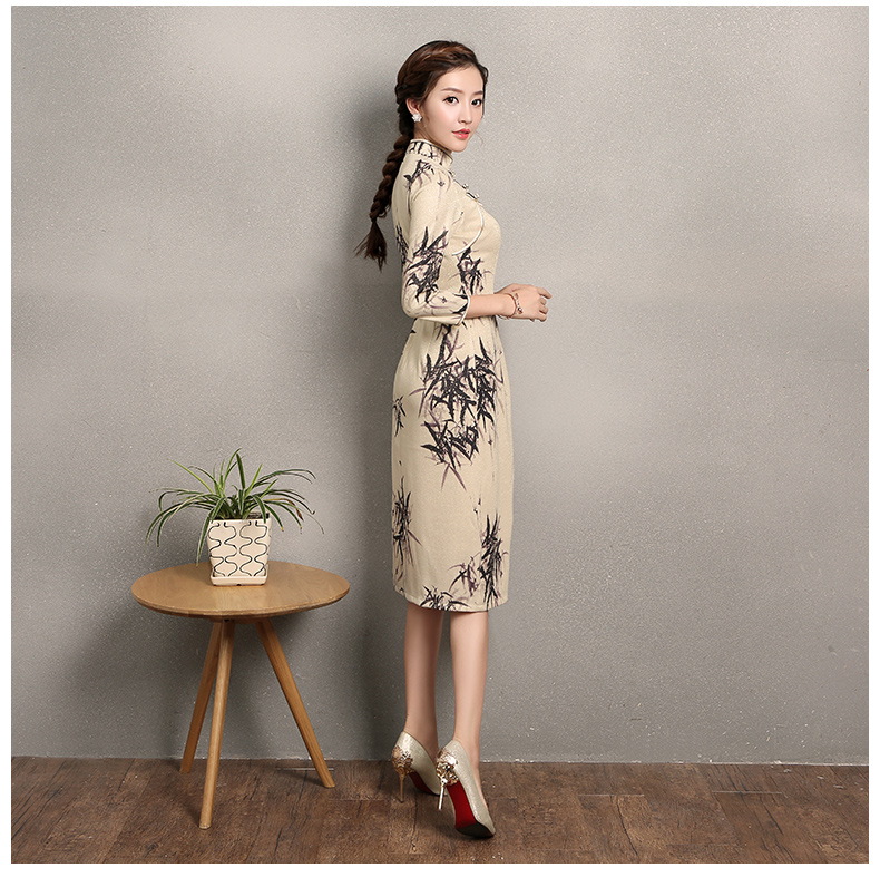 杏色墨竹旗袍，時(shí)尚中國(guó)風(fēng)旗袍裙