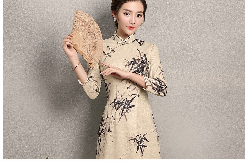 杏色墨竹旗袍，時(shí)尚中國(guó)風(fēng)旗袍裙