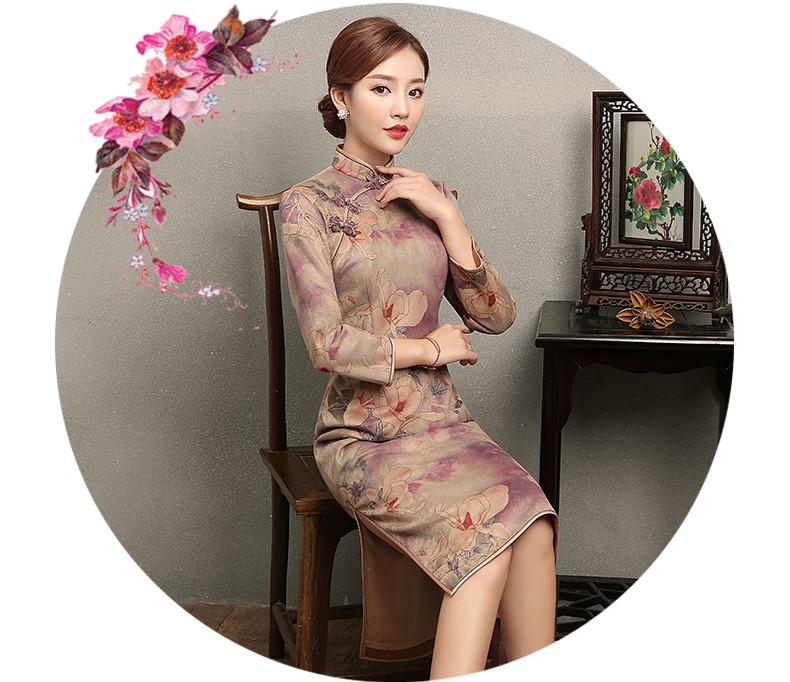 杏灰紫玉蘭印花旗袍，復古旗袍裙