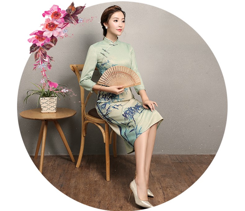 淡綠羞竹印花旗袍，時尚中國風(fēng)旗袍裙
